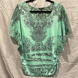 Express Teal and Black Ornate Blouse